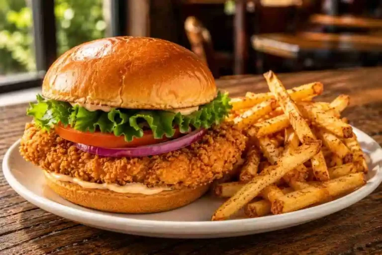 Crispy Buttermilk Chicken Sandwich from the LongHorn lunch menu with fries