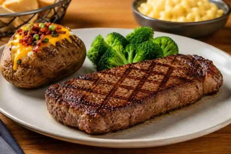 LongHorn New York Strip steak with grilled strip steak, loaded baked potato and fresh broccoli side