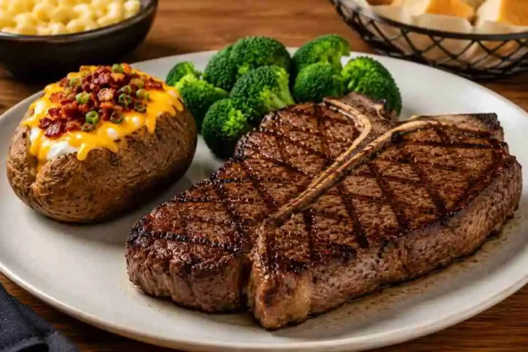 LongHorn Porterhouse steak with grilled bone-in steak, loaded baked potato and fresh broccoli side