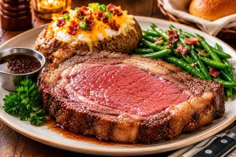 LongHorn Prime Rib with slow roasted beef slice, loaded baked potato and fresh vegetable sides