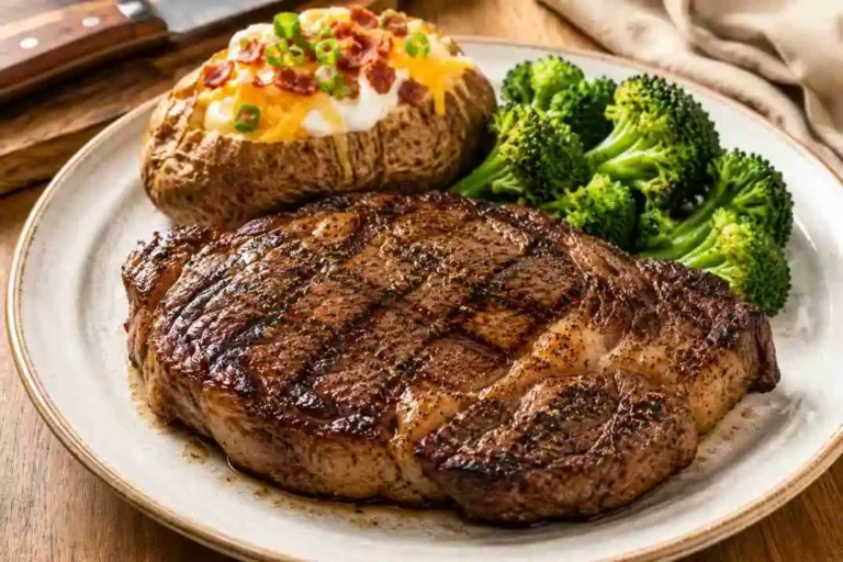 LongHorn Ribeye steak with grilled ribeye, loaded baked potato and fresh broccoli side