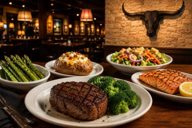 LongHorn Steakhouse allergen menu featuring grilled steak, salmon, fresh salad, asparagus, baked potato, and gluten-friendly side dishes in a bright rustic restaurant