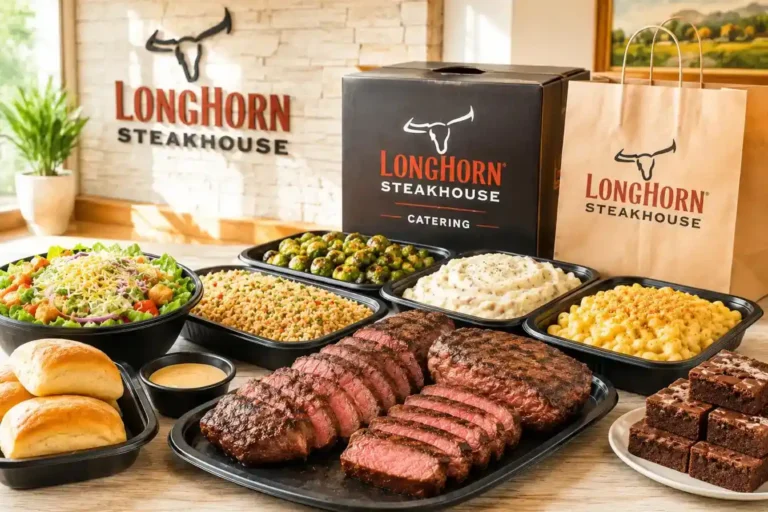 LongHorn Steakhouse catering menu featuring premium grilled steaks, family meal platters, fresh salads, signature side dishes, and catering boxes for group events
