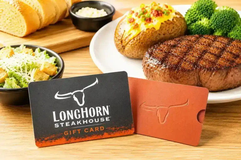 LongHorn Steakhouse gift card with premium steak dinner, showing physical gift card, gift card holder, and balance check concept